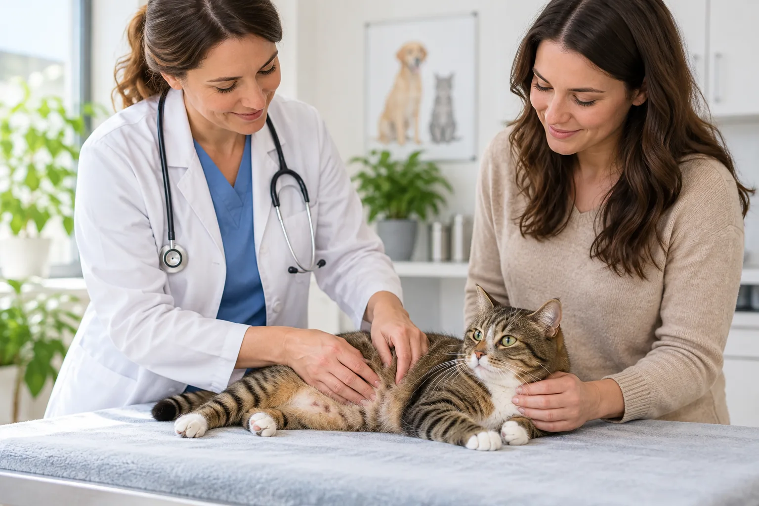 Veterinarian examining a tabby cat with the owner at the table